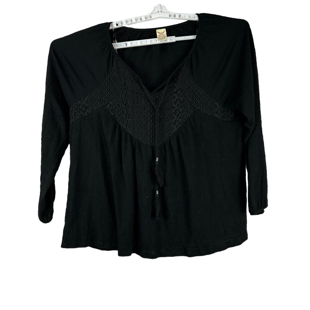Black Lace-Trim V-Neck Blouse XL (16-18) By Faded Glory